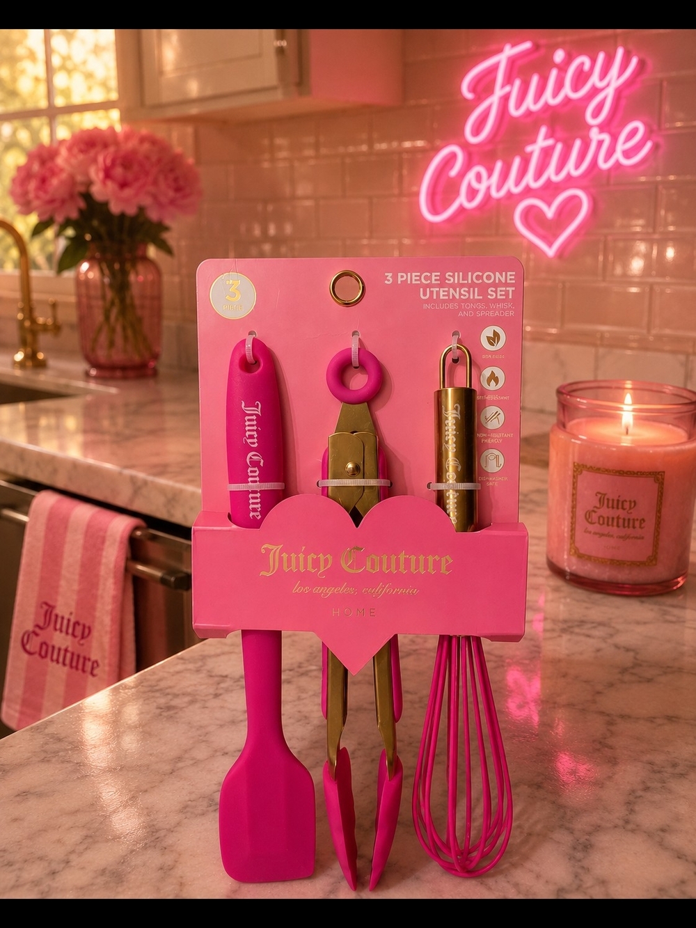 Juicy Couture Bright Pink 3-Piece Silicone Kitchen Utensil Set with Gold Accents